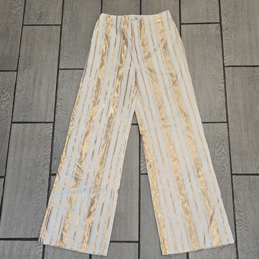 7 For All Mankind Women's Pants Size 23 White Gold Metallic Striped Wide Leg